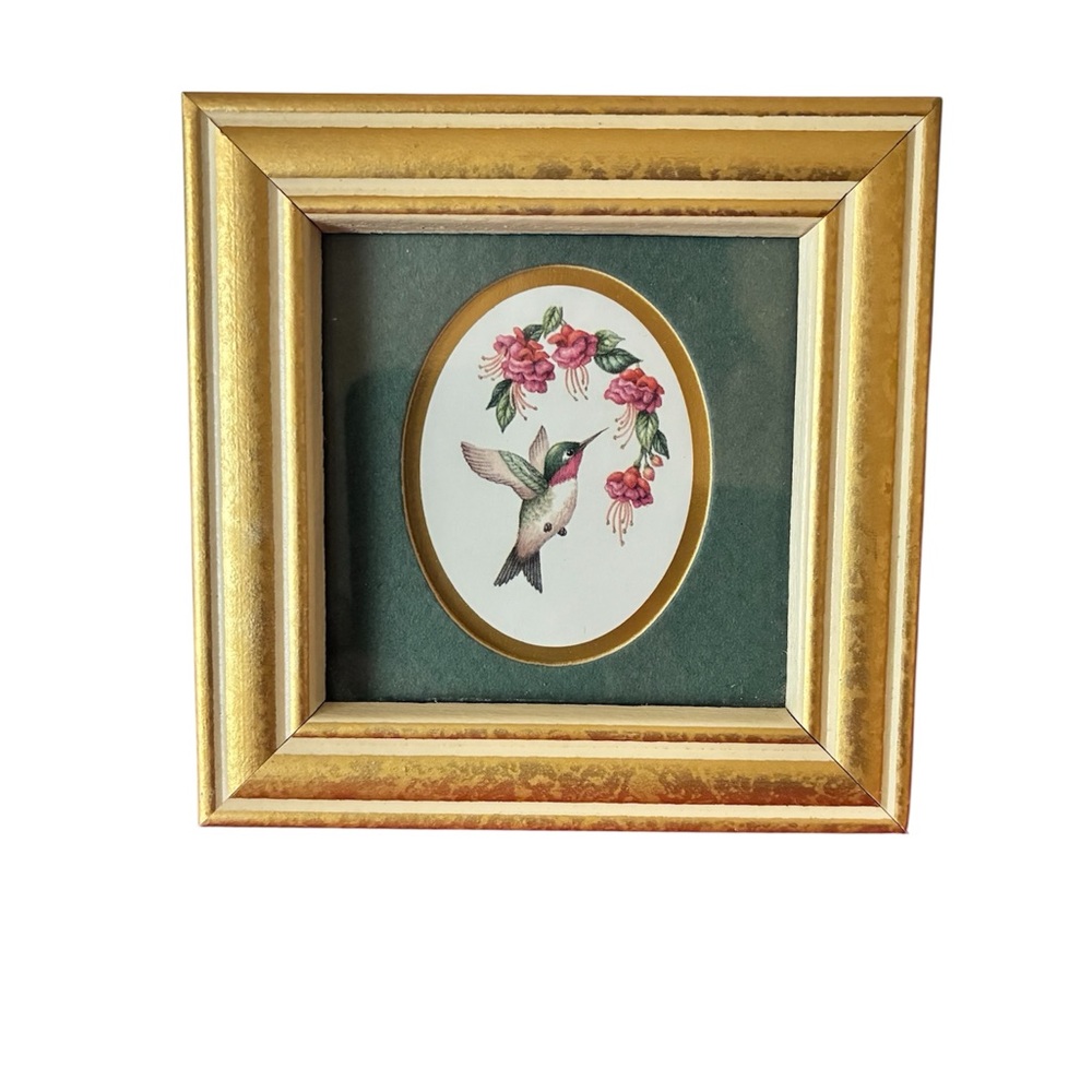 Gold Framed Hummingbird and Roses Art 4"x4"